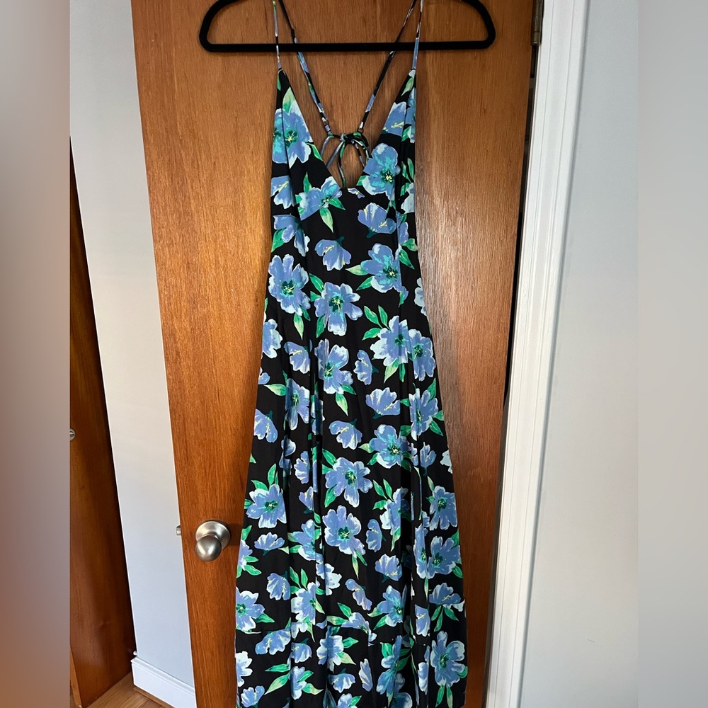 Free People Finer Things Black and Blue Floral Backless Midi Dress